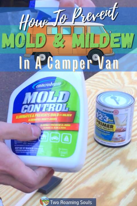 a pinterest pin showing how to prevent mold and mildew in a camper van