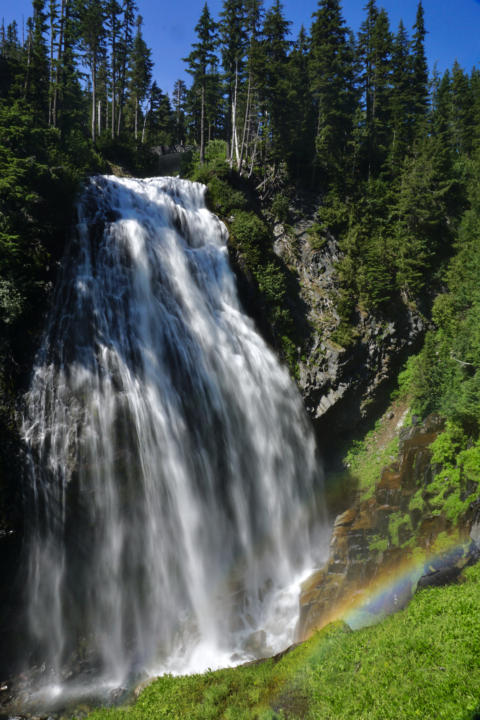 a view of Narada Falls which is a viewpoint near Mt. Rainier National Park which is a great stop on a Washington Road Trip