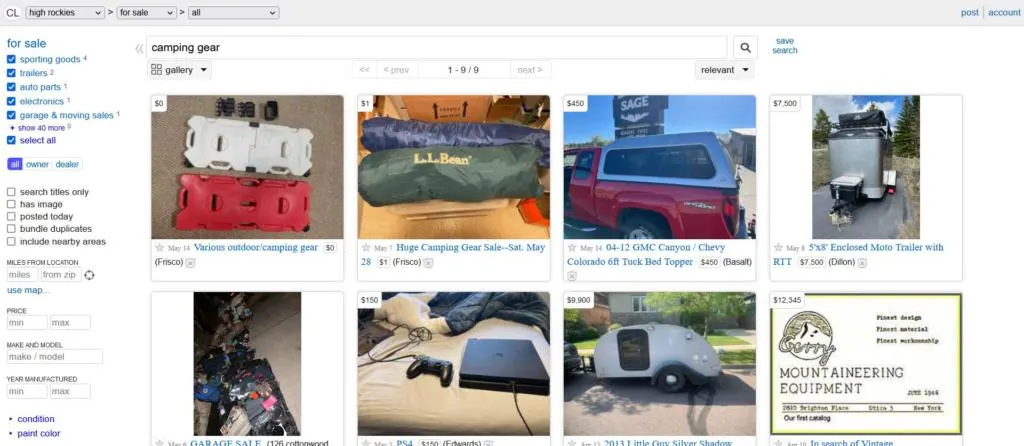 an example of Craigslist for one of the best websites to buy used camping gear