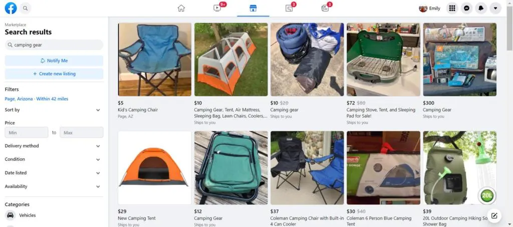 an example of Facebook Marketplace for one of the best websites to buy used camping gear