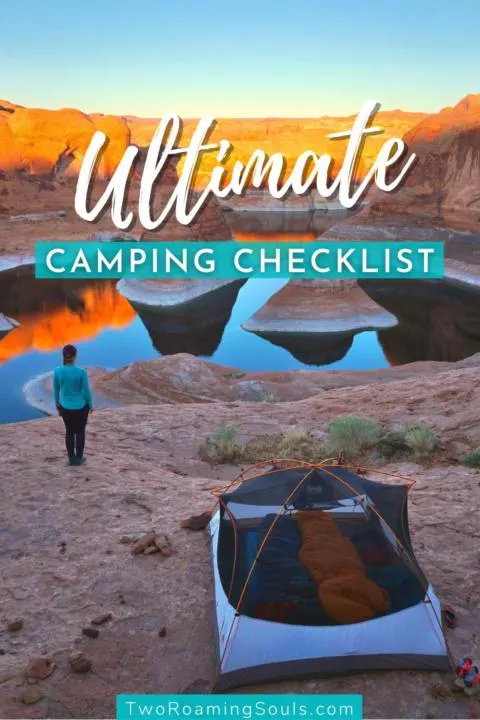 a pinterest pin with a tent showing the ultimate camping checklist