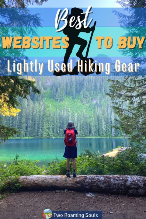 jake hiking with words overlay: Best Websites to buy lightly used hiking gear