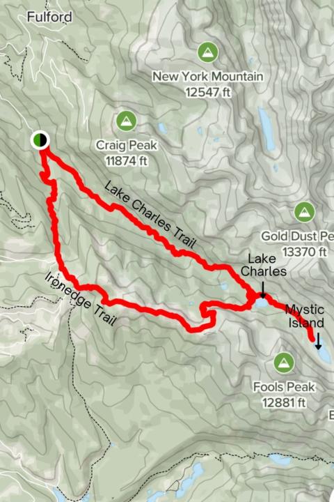 a map from Alltrails, showing the different routes your can take to hike to Lake Chalres & Mystic Island Lake