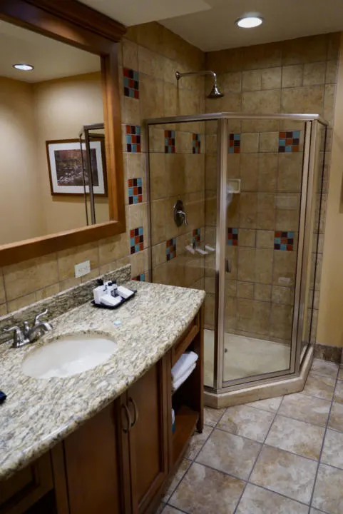 The shower in a very clean and large bathroom.