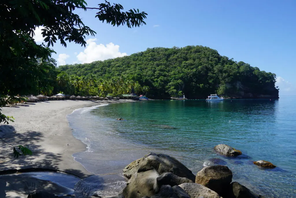 a view from the far side of the best of Anse Chastanet Resort, one of the best resorts in St. Lucia for families, honeymooners, and snorkeling enthusiasts