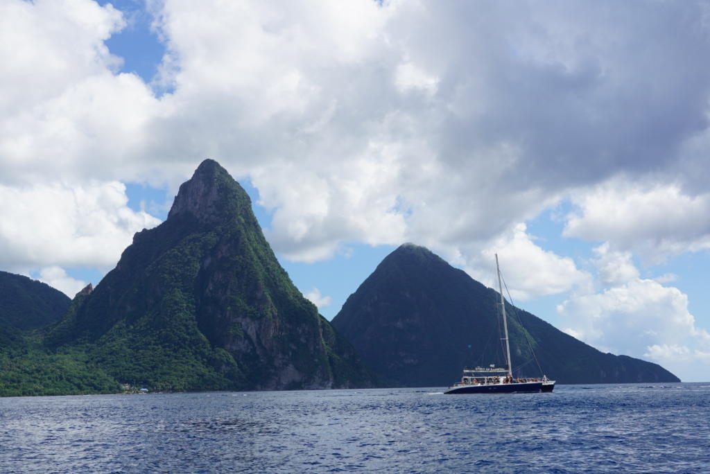 A catamaran tour in front of the Pitons in St. Lucia.