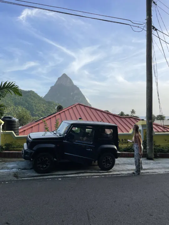 Leaving our airbnb to go explore St. Lucia in the rental car.