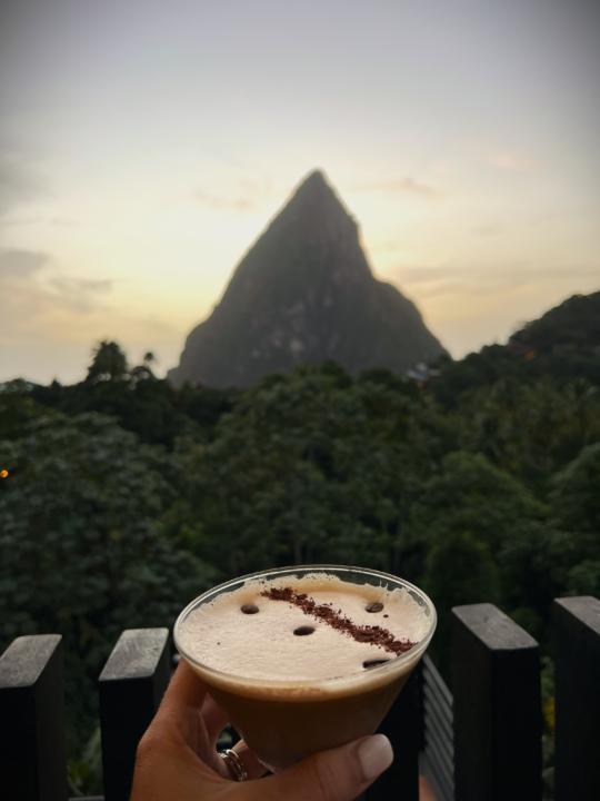 a chocolate cocktail from Rabot at Hotel Chocolat which is one of the best restaurants in Soufriere