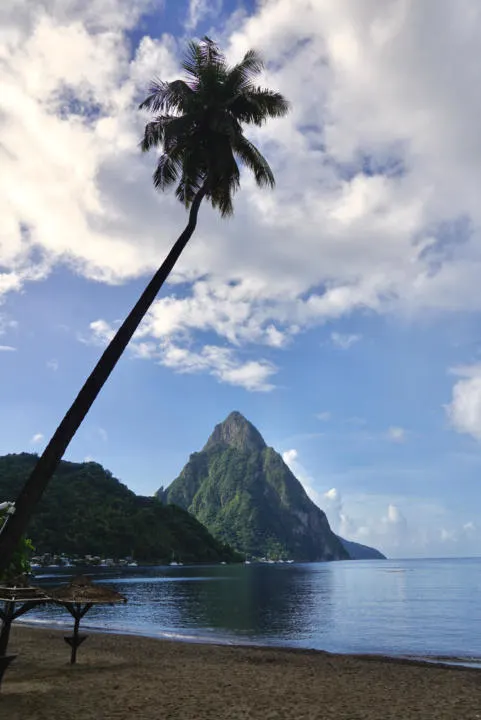 The view of Petit Piton from Soufriere Beach Park.