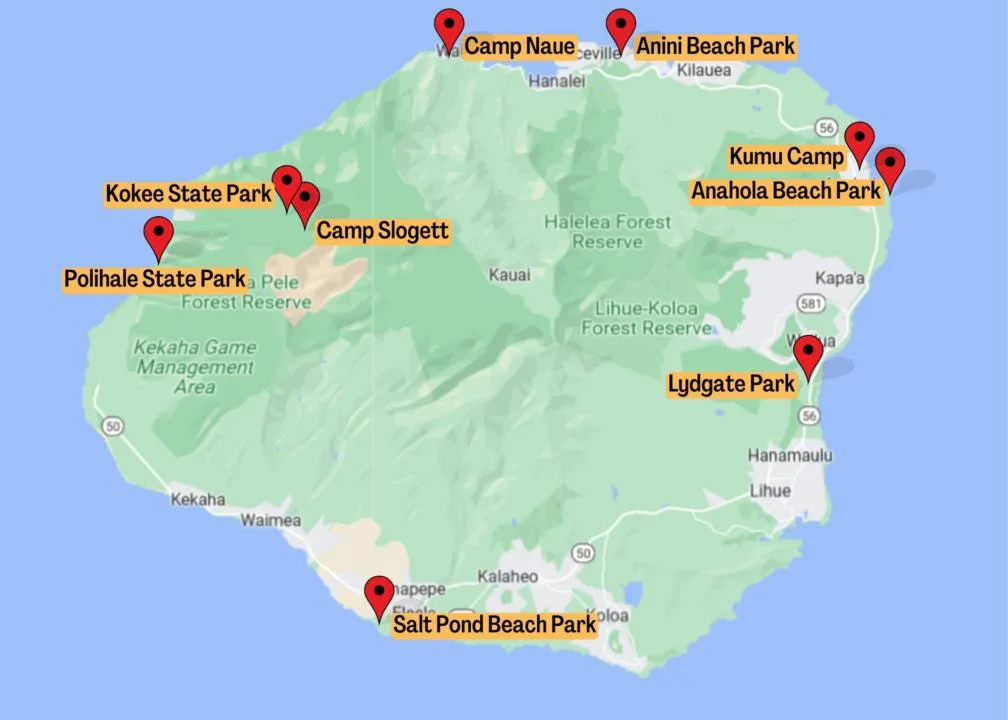 The different camping areas in Kauai