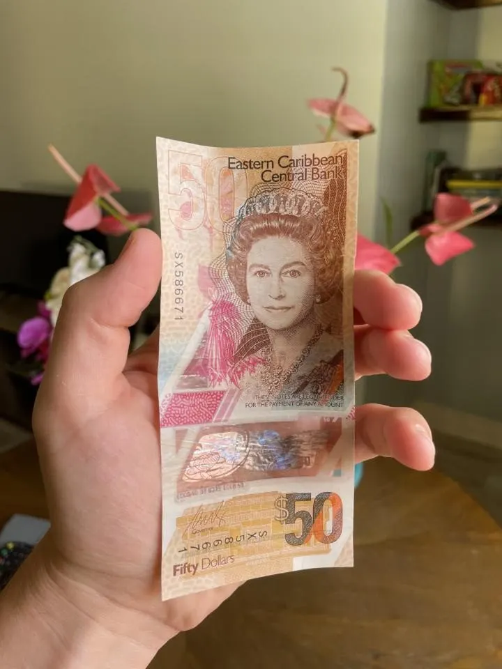 a photo of a 20 Eastern Caribbean Dollar in Jake's Hand which is something you should know about when learning how to plan a trip to St. Lucia