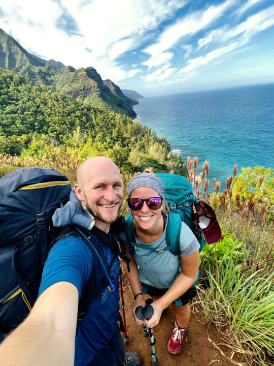 Jake and Emily backpacking the Kalalau Trail.