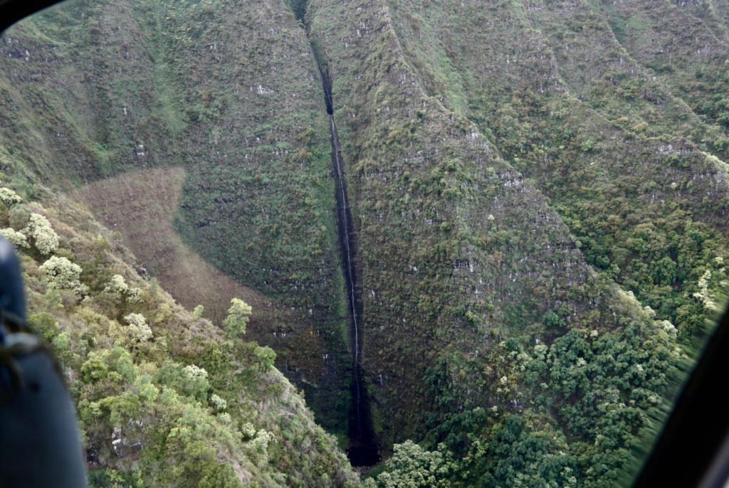 Hanakoa Falls as seen from a helicopter.