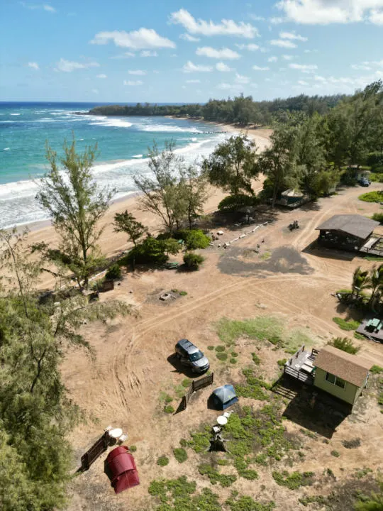 aerial view of Kumu Camp, a private camping areas in kauai along Anahola Beach park