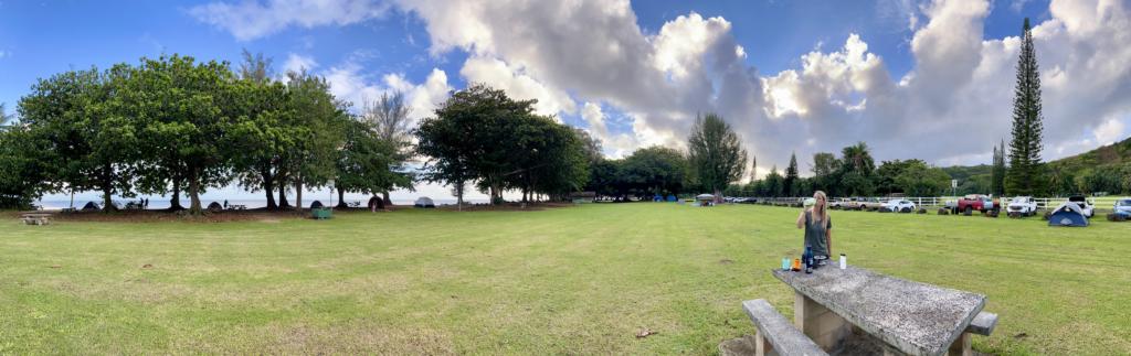 panoramic view of the camping open field at Anini Beach Park