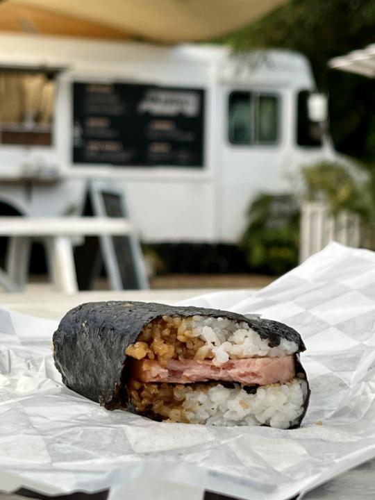 Spam Musubi in front of Musubi Truck one of the best local spots to eat in Kauai