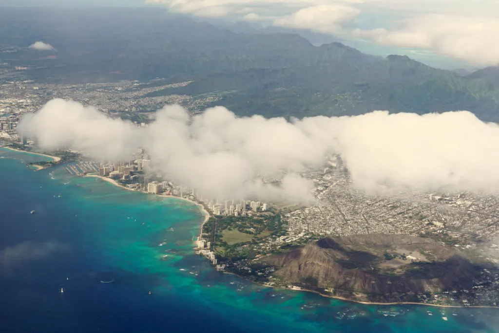 Arial photo of Waikiki Beach and Diamond Head Crater in Oahu.
