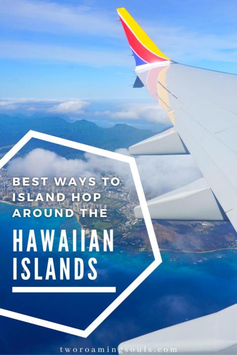 airplane wing with words overlay saying the best way for Hawaii Island Hopping