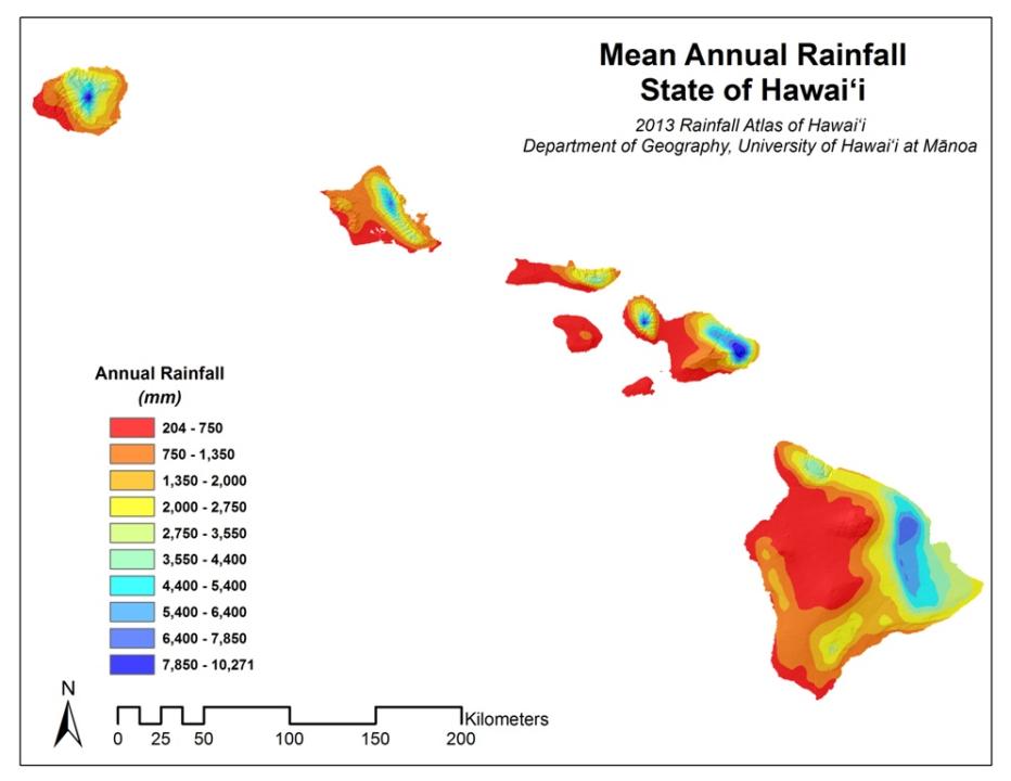 Giambelluca, T.W., Q. Chen, A.G. Frazier, J.P. Price, Y.-L. Chen, P.-S. Chu, J.K. Eischeid, and D.M. Delparte, 2013: Online Rainfall Atlas of Hawai‘i. Bull. Amer. Meteor. Soc. 94, 313-316, doi: 10.1175/BAMS-D-11-00228.1.