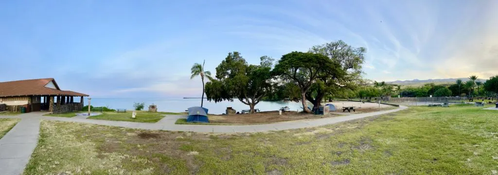 panoramic view of camping on the big island of Hawaii at Spencer Beach Park