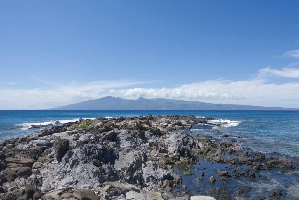 Kapalua Coastal Trail looks out on lava rocks, pacific ocean, and Molokai.