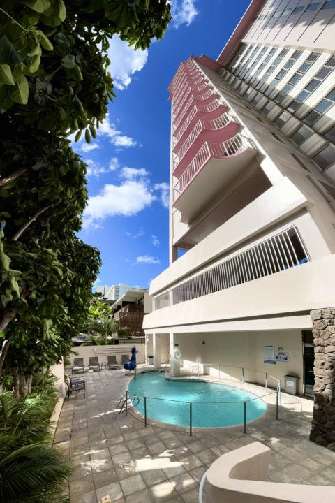 The pool deck at the Ilima hotel in Waikiki Honolulu.