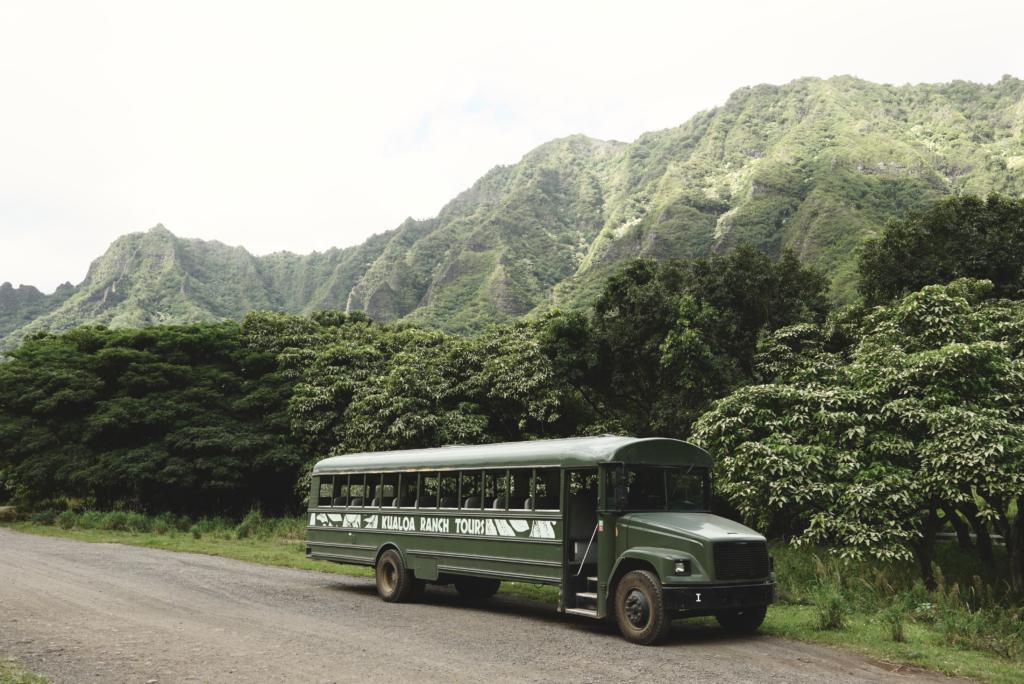A tour bus at Kualoa Ranch in Oahu.