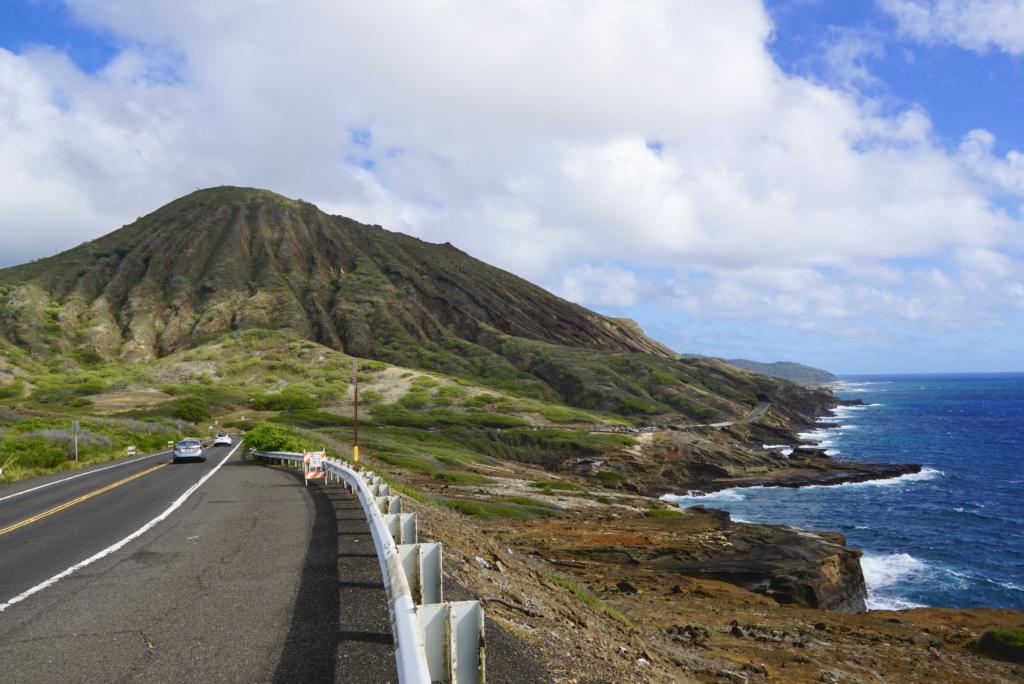 The Kalanianaole Highway in Oahu sees mountains and beautiful coastline.