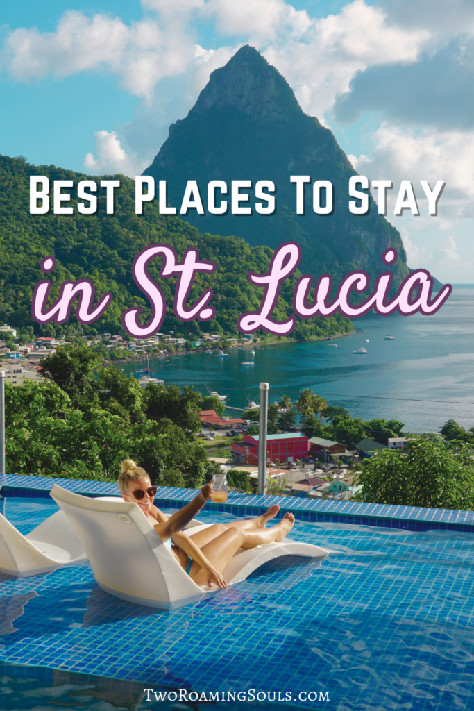a pinterest pin showing one of the best resorts in St. Lucia with a view of Petit Piton from the pool of Green Fig Resort & Spa