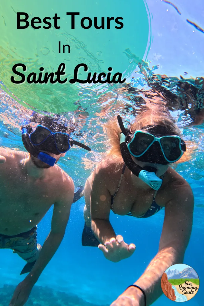 a pinterest pin of a couple snorkeling which is one of the best St. Lucia excursions
