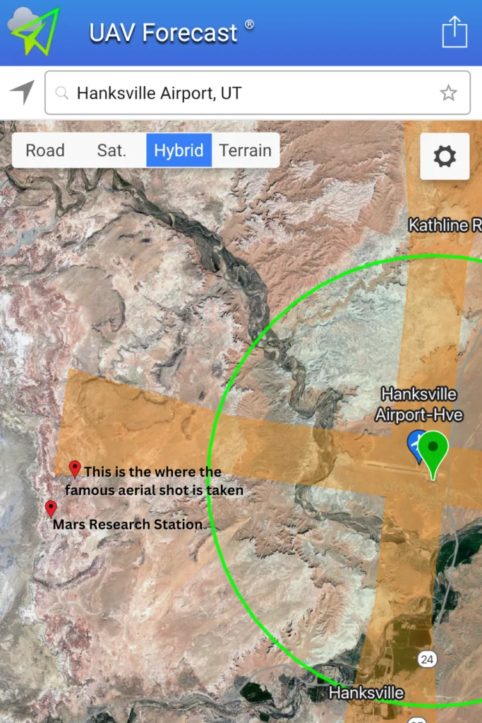 Helpful droning information of where someone can fly a drone near the Mars Desert Research Station