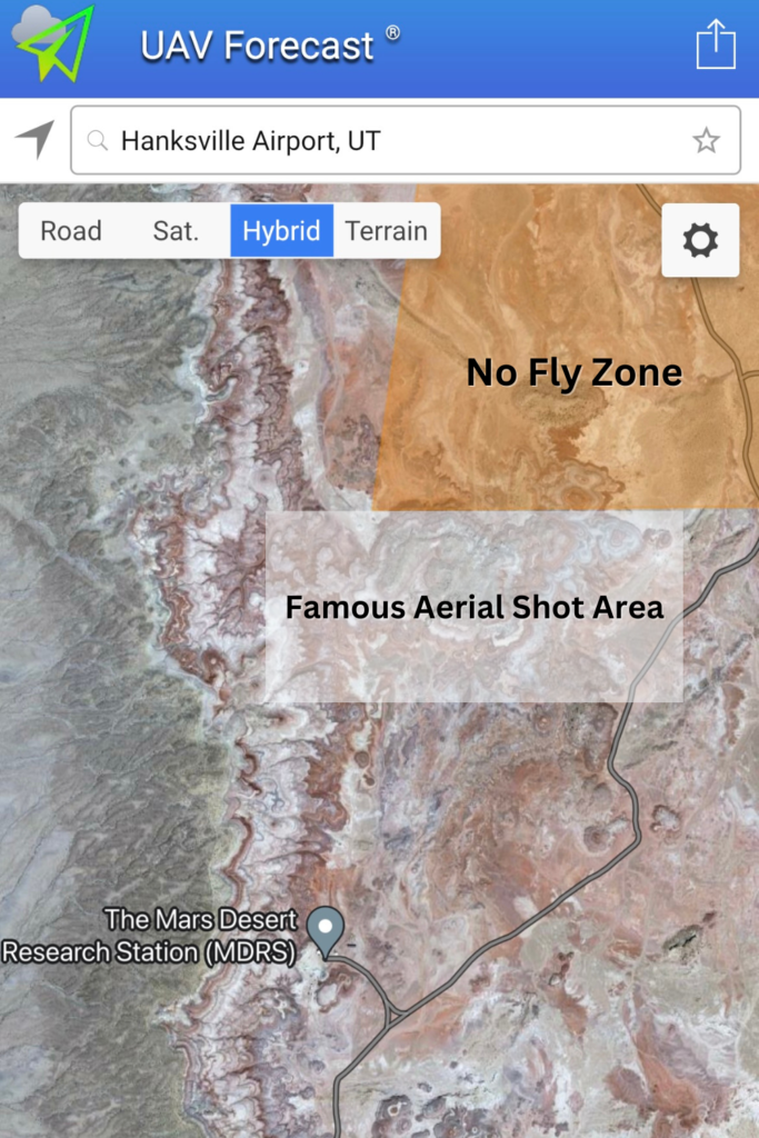 showing the zones where someone can or can't fly. a drone near the Mars desert research station