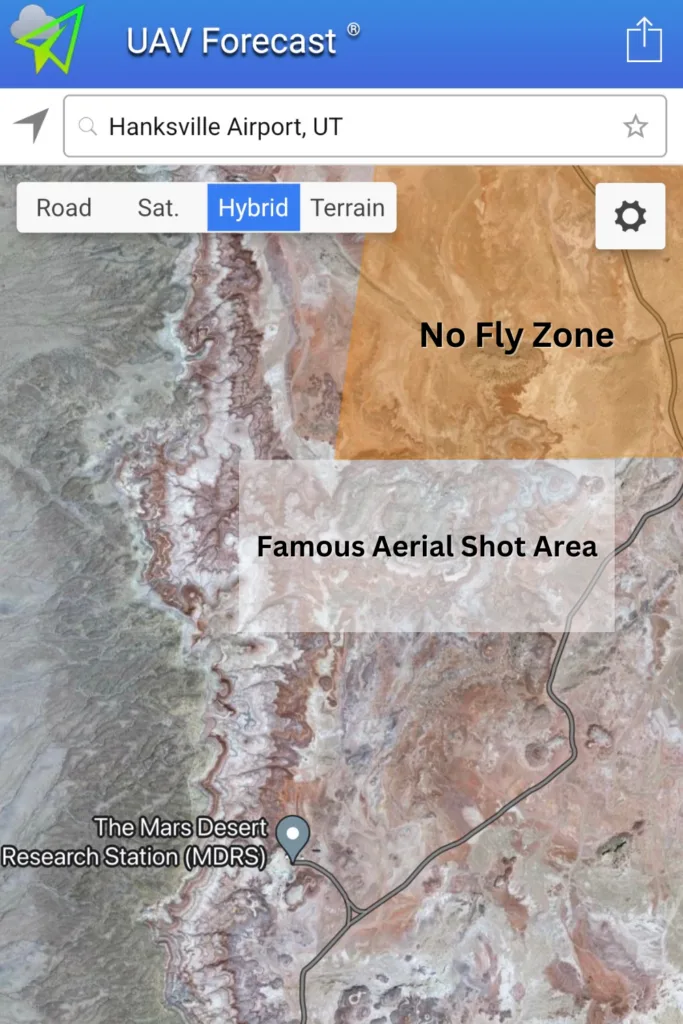 showing the zones where someone can or can't fly. a drone near the Mars desert research station