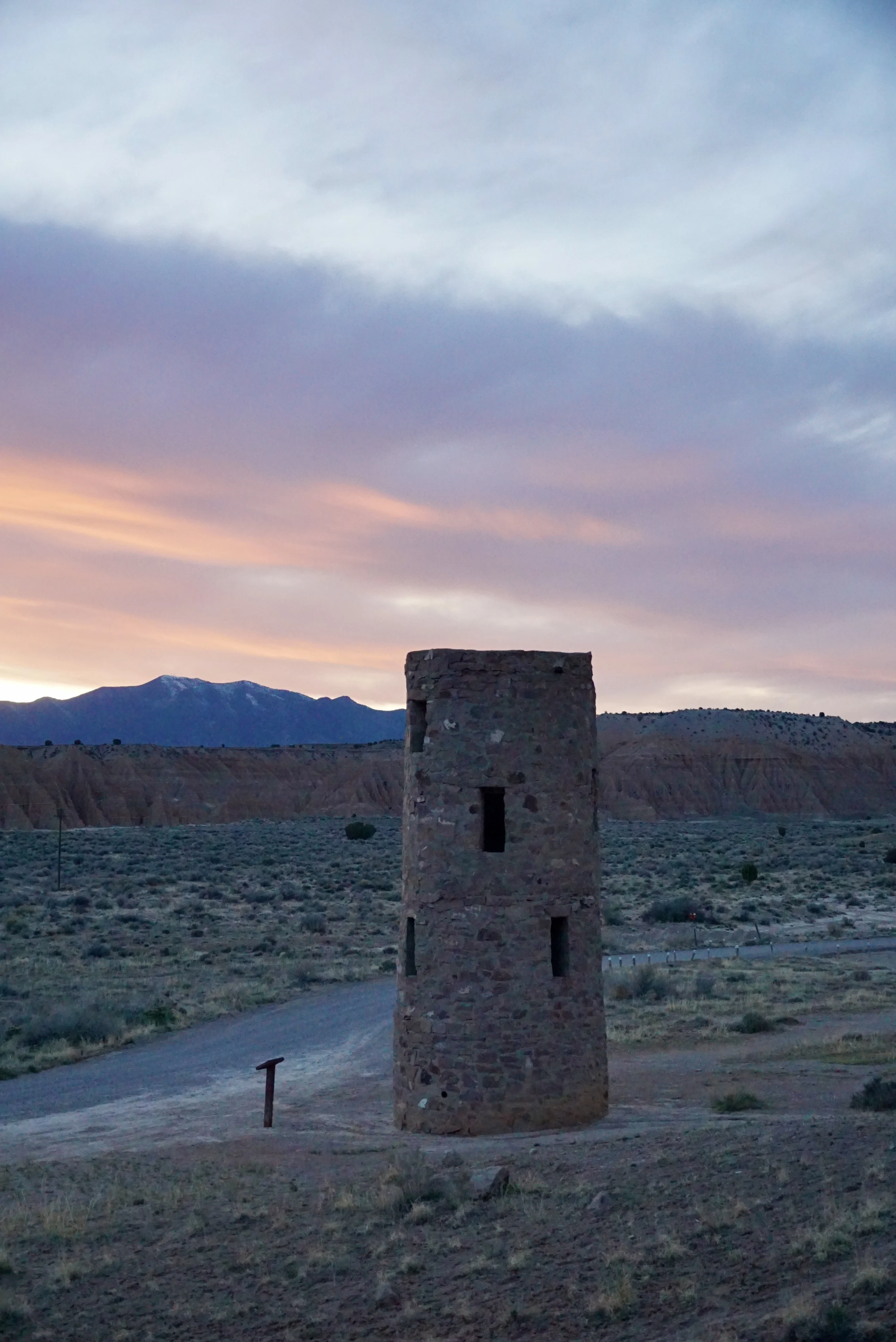 sunset view of the Civilian Conservation Corps Water Tower at Cathedral Gorge State Park