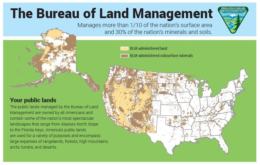 This map shows how the BLM (Bureau of Land Management) land in the US is concentrated in the West.