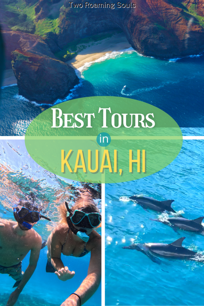 3 different pictures of the best Kauai Tours: helicopter ride, snorkeling and a dolphin excursion