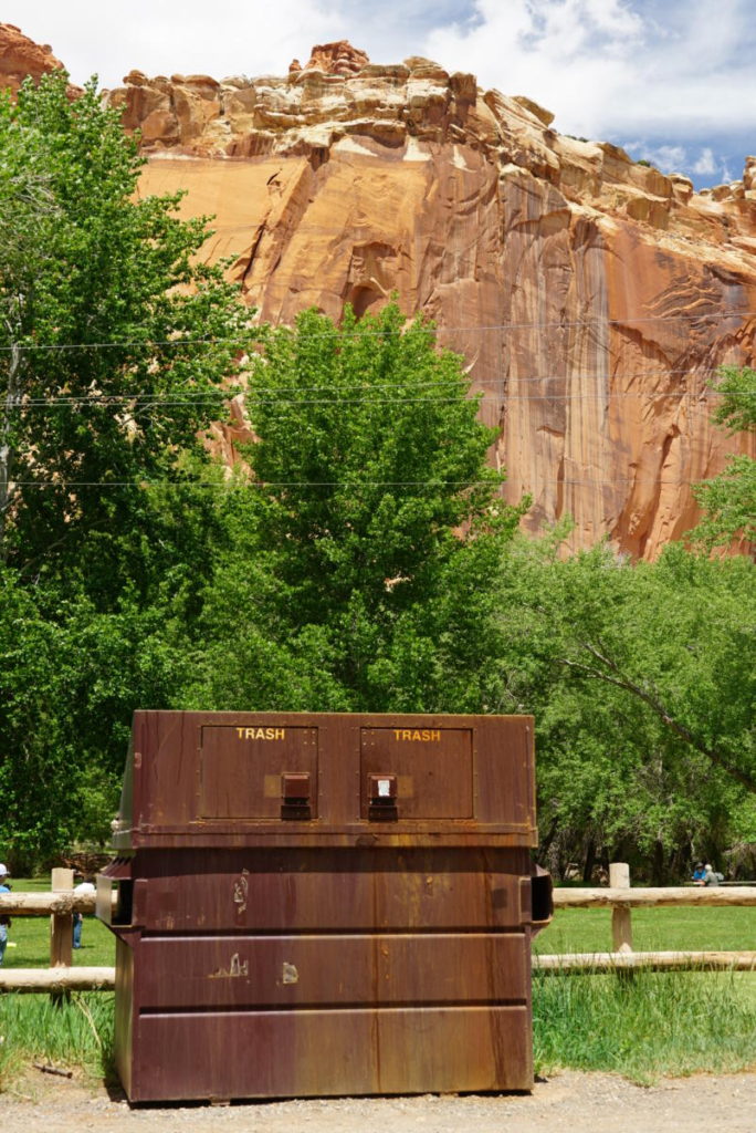 A trash dumpster in Capitol Reef National Park.