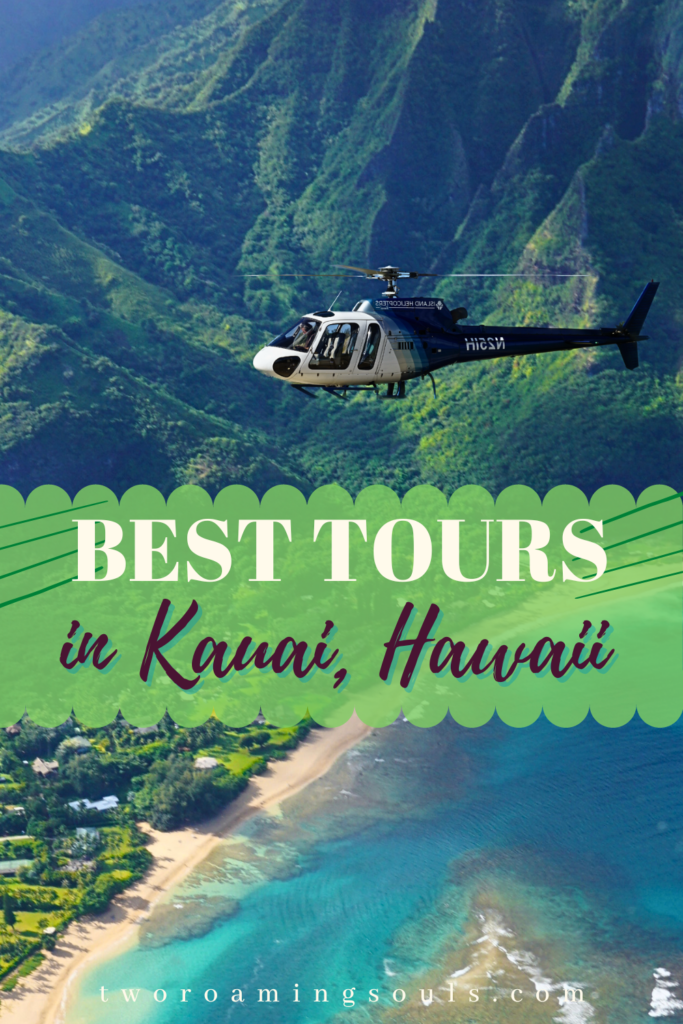 helicopter flying over Hanalei with words overlay saying Best Kauai Tours