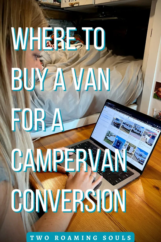 emily browsing a website for a used van with words overlay, where to buy a van for a campervan conversion