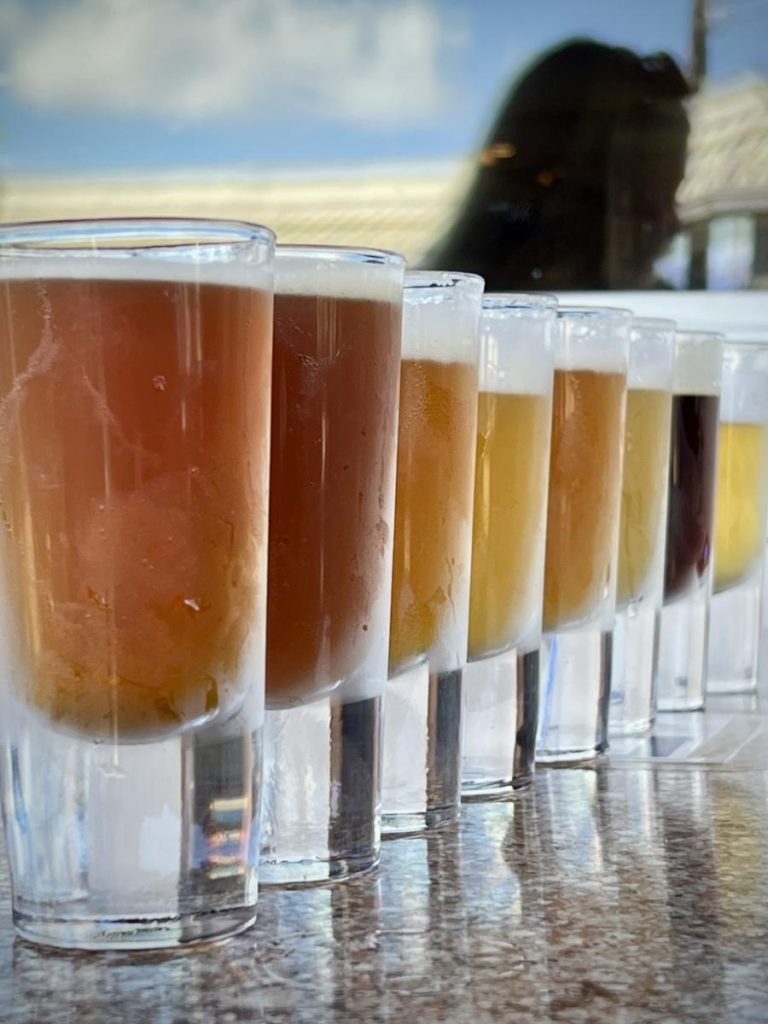 a lineup of craft beers at one of the best breweries in Kona