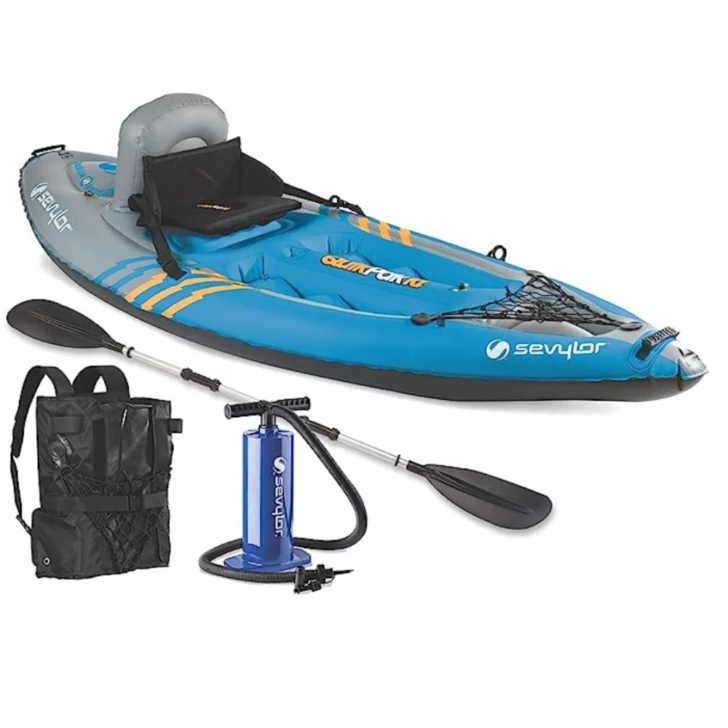 Sevylor QuickPak K1 1-Person Inflatable Kayak, Kayak Folds into Backpack with 5-Minute Setup, 21-Gauge PVC Construction; Hand Pump & Paddle Included