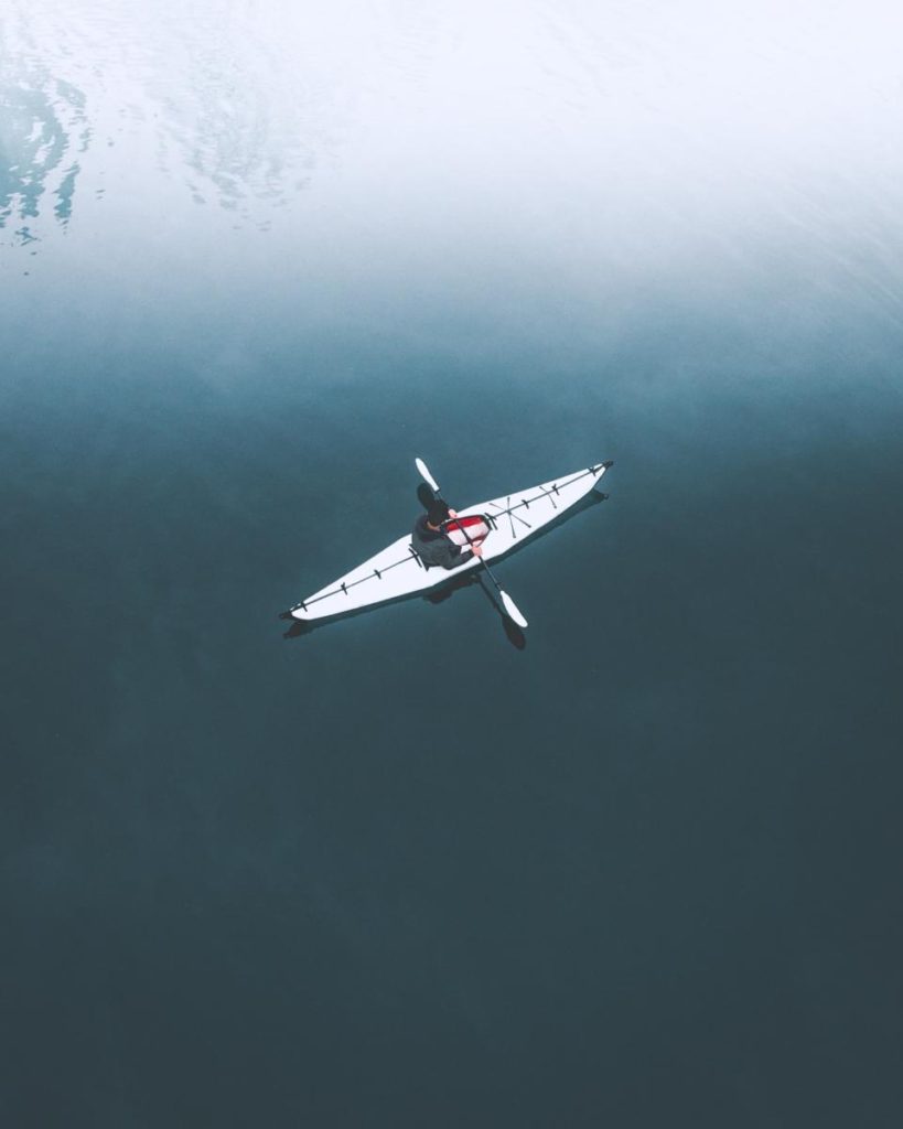 the oru lightweight kayak on open water aerial view