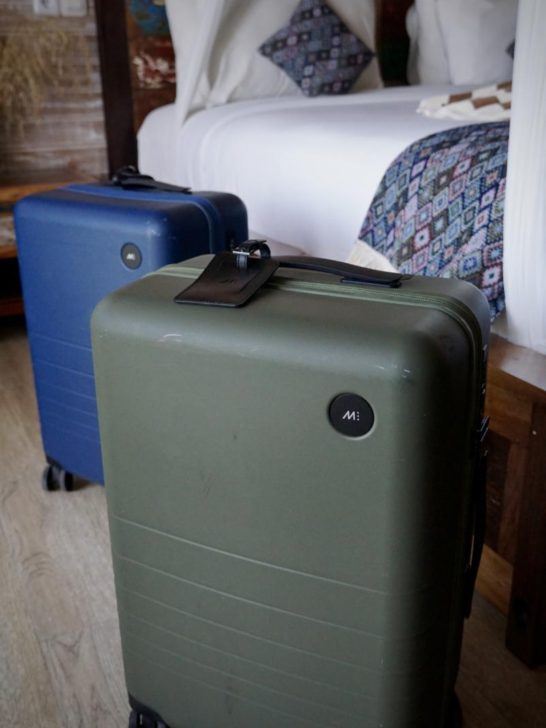 Blue & Green Monos Carry On Plus in front of a hotel bed