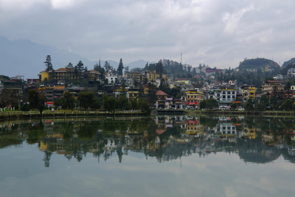 View of building across the Scenic pond in Sapa Vietnam