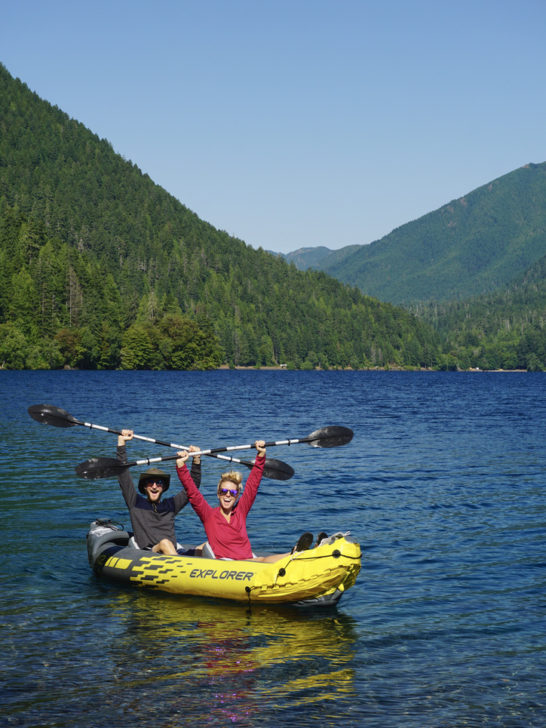 Jake & Emily posing with their hands up in the Intex Explorer K2 on Cascade Lake in WA