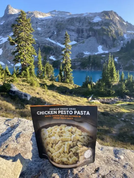 Peak Refuel - Chicken Pesto Backpacking Meal with Jade Lake in the background