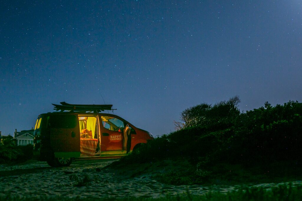 Minivan camper conversion nightime