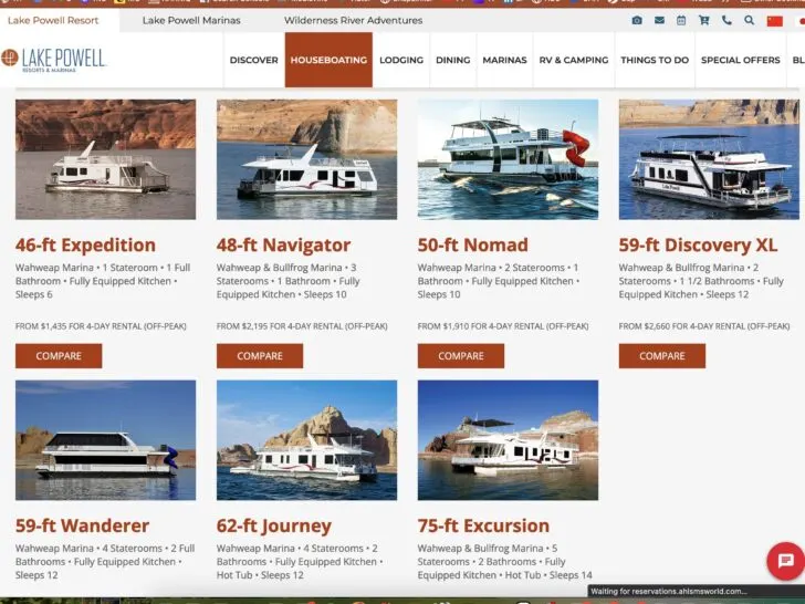 Lake Powell Marina Website showing different Houseboat Models.
