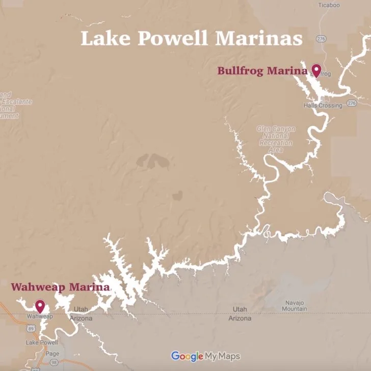A map showing Lake Powell Marinas