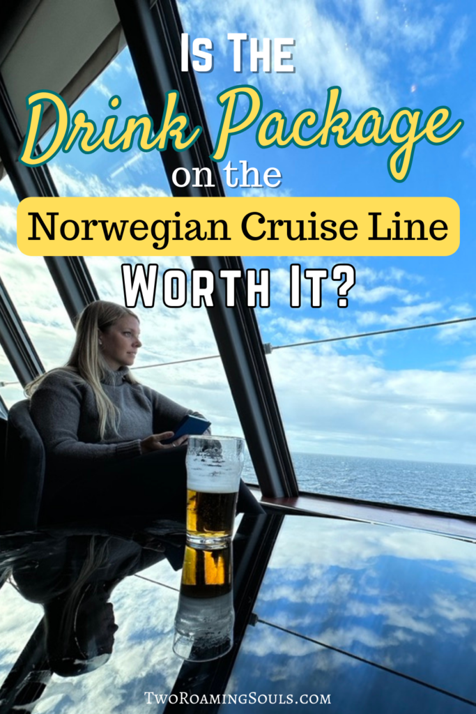 a pinterest pin of a girl drinking on a Norwegian Cruise in the lounge with words overlay 